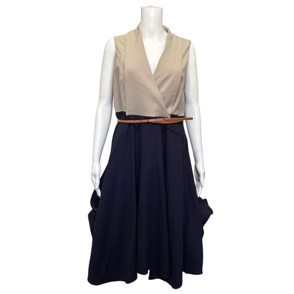 Calvin Klein Colorblock Fit & Flare Career Blue Beige Dress w/ Belt Size 10 - Picture 2 of 7